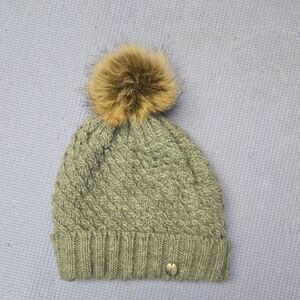 Roxy Green Knit Beanie with Brown Pom